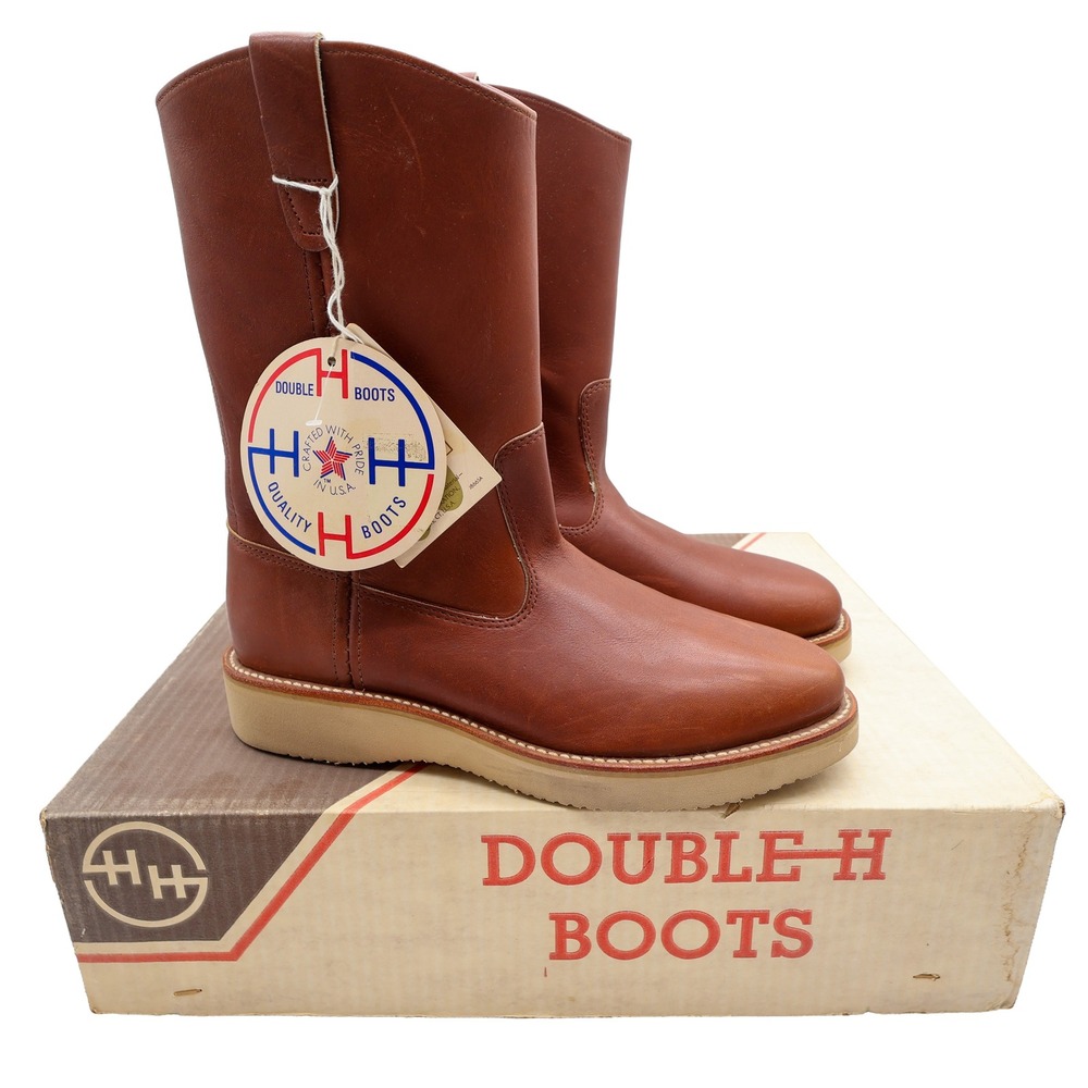 Double-H Vintage Wedge Work Boots Mens 8.5D Brown Leather USA 3711 NWT